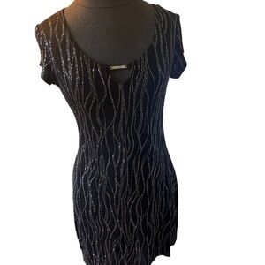 All That Jazz Black Jersey Glitter Sleeveless Mini Dress Vintage Medium